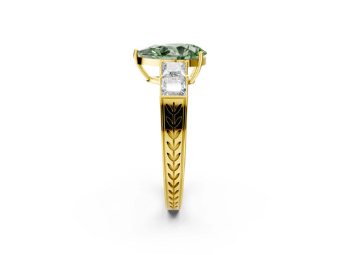 Yellow gold Fancy Green Pear Cut Solitaire Princess Side Stone Engraved Band Prong Setting Ring_2