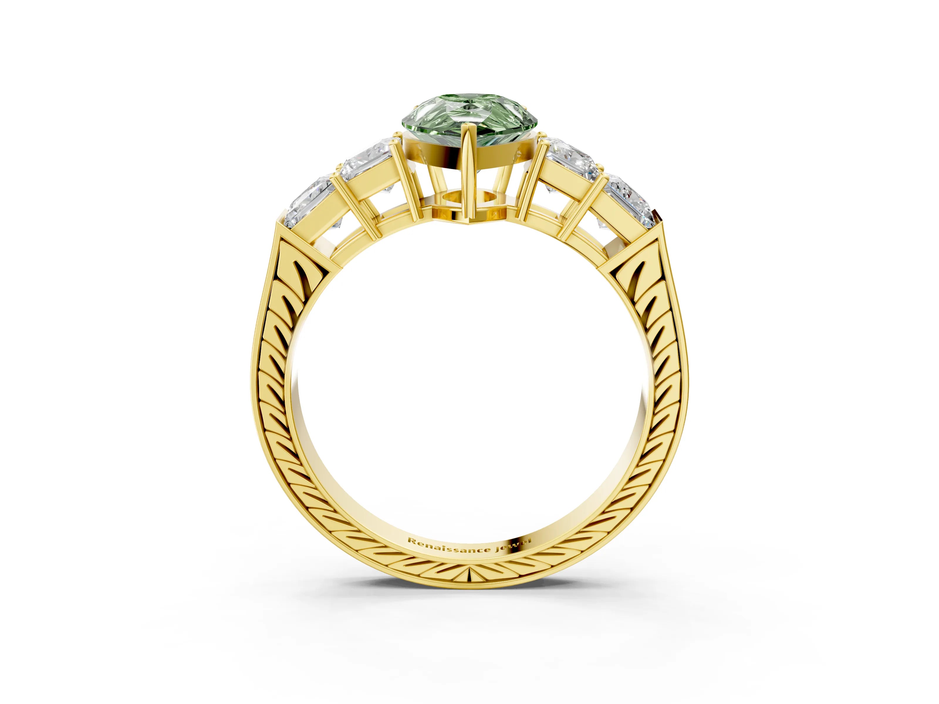 Yellow gold Fancy Green Pear Cut Solitaire Princess Side Stone Engraved Band Prong Setting Ring_3