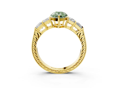 Yellow gold Fancy Green Pear Cut Solitaire Princess Side Stone Engraved Band Prong Setting Ring_3
