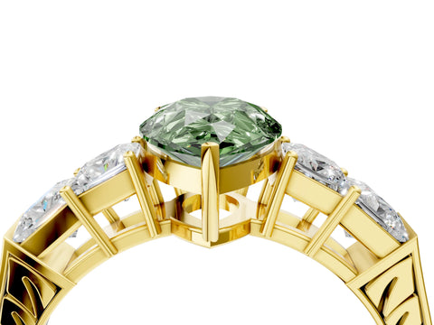 Yellow gold Fancy Green Pear Cut Solitaire Princess Side Stone Engraved Band Prong Setting Ring_4