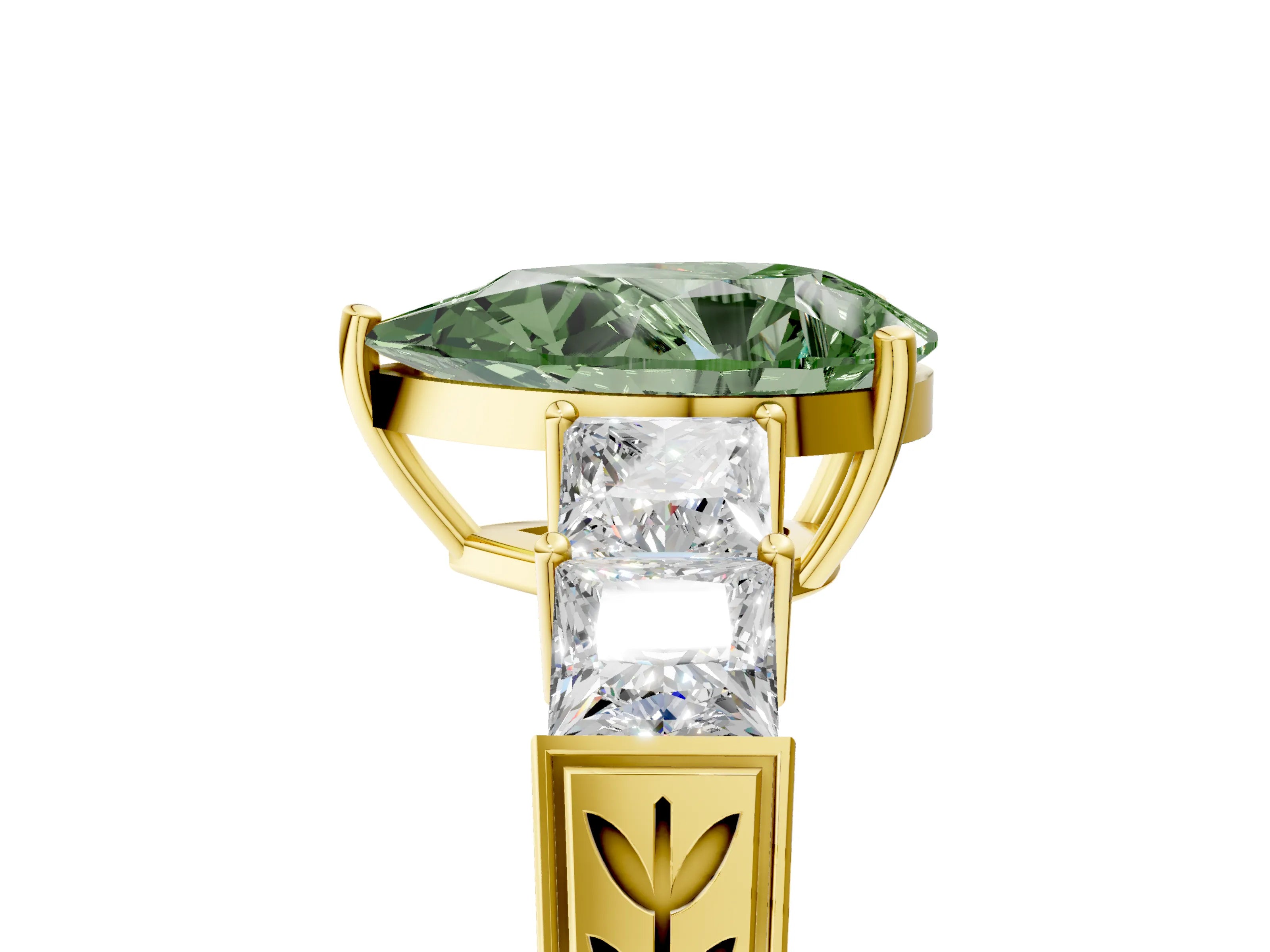 Yellow gold Fancy Green Pear Cut Solitaire Princess Side Stone Engraved Band Prong Setting Ring_5