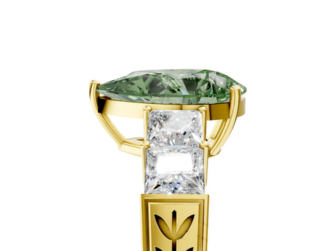 Yellow gold Fancy Green Pear Cut Solitaire Princess Side Stone Engraved Band Prong Setting Ring_5
