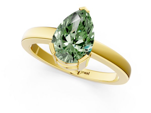 Yellow gold Fancy Green Pear  Cut Solitaire Ring with Four-Prong Setting and Classic Band