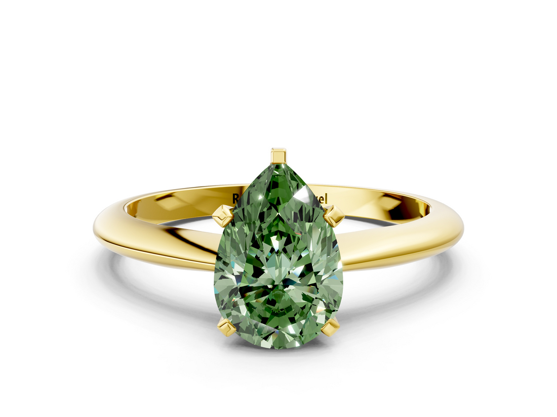 Yellow gold Fancy Green Pear  Cut Solitaire Ring with Four-Prong Setting on a Classic Band_47