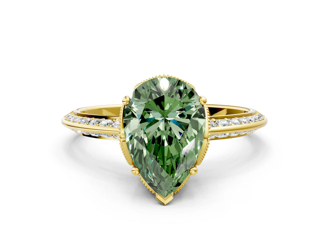 Yellow gold Fancy Green Pear Cut Solitaire Split Shank Pave Diamond Engagement Ring with Four-Prong Setting