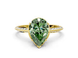 Yellow gold Fancy Green Pear Cut Solitaire Split Shank Pave Diamond Engagement Ring with Four-Prong Setting