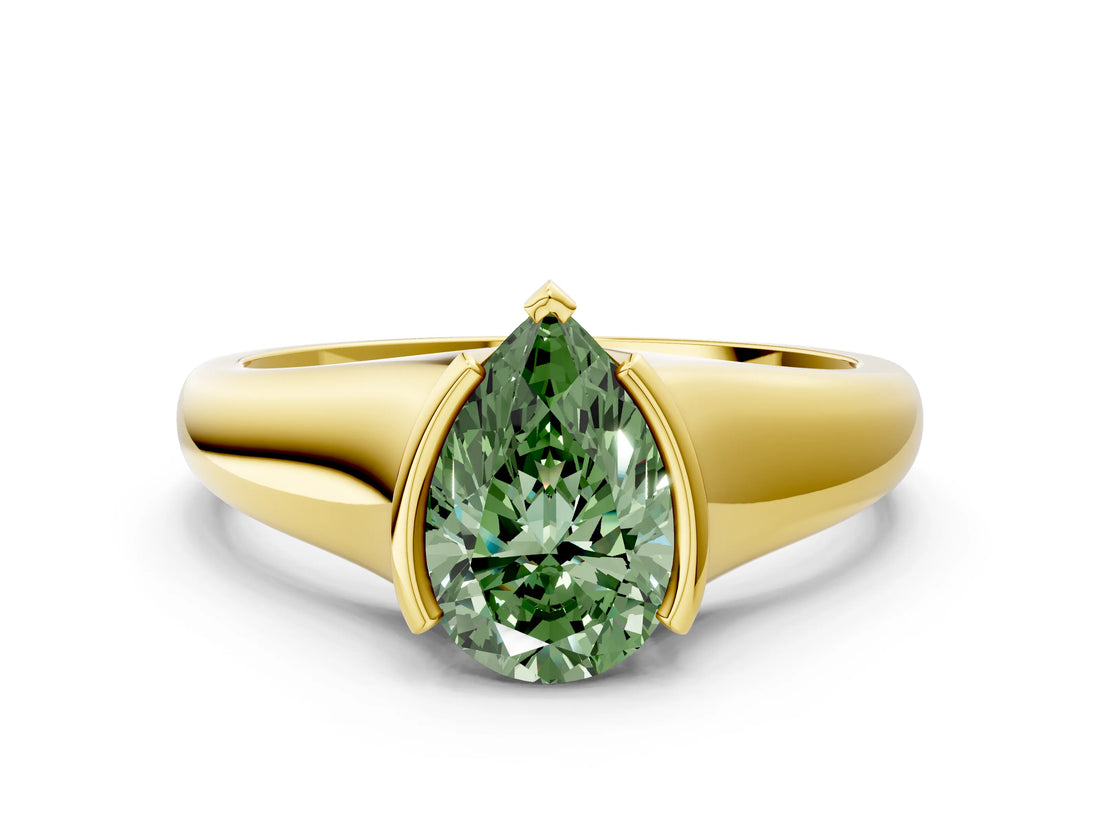 Yellow gold Fancy Green Pear Cut Solitaire Tension Set Diamond Ring with Split Shank Band