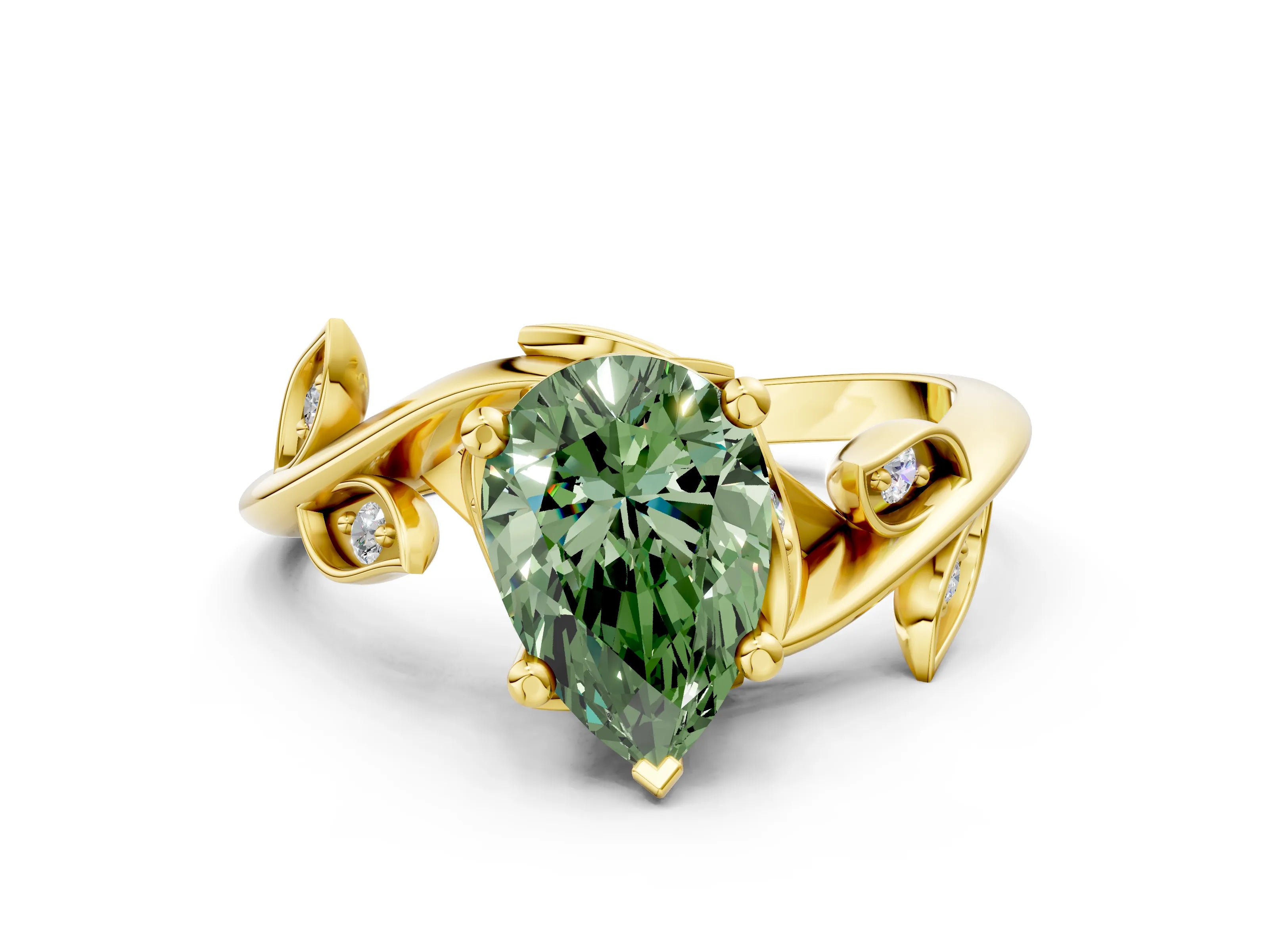 Yellow gold Fancy Green Pear Cut Solitaire Twist Engagement Ring with Leaf Accents and Prong Setting_12