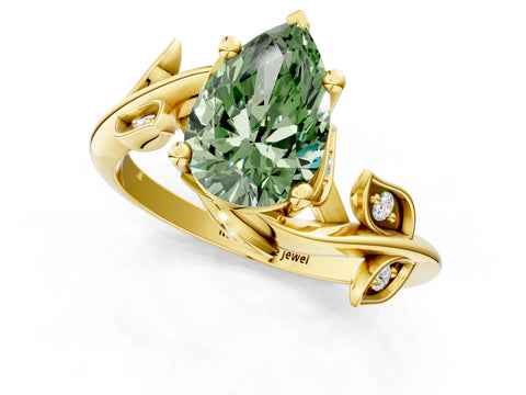 Yellow gold Fancy Green Pear Cut Solitaire Twist Engagement Ring with Leaf Accents and Prong Setting_13