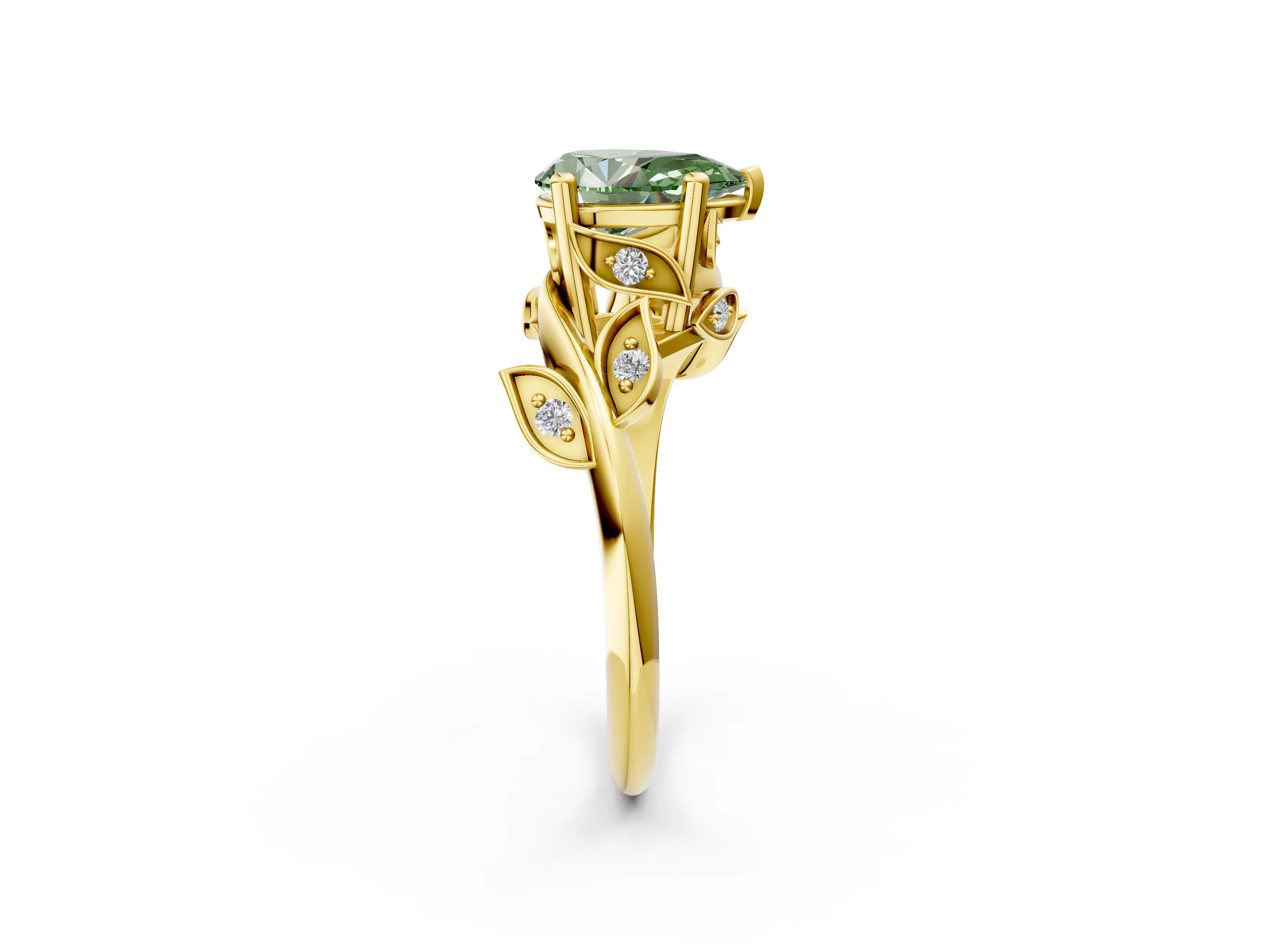 Yellow gold Fancy Green Pear Cut Solitaire Twist Engagement Ring with Leaf Accents and Prong Setting_14