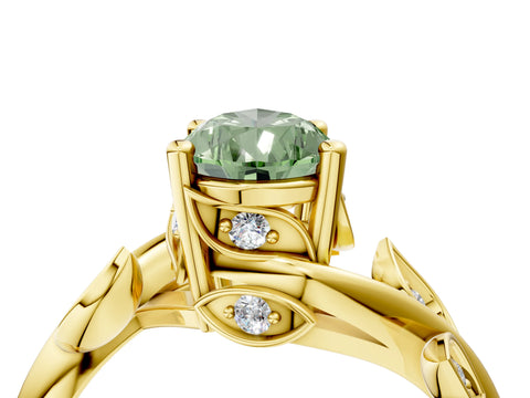 Yellow gold Fancy Green Pear Cut Solitaire Twist Engagement Ring with Leaf Accents and Prong Setting_16