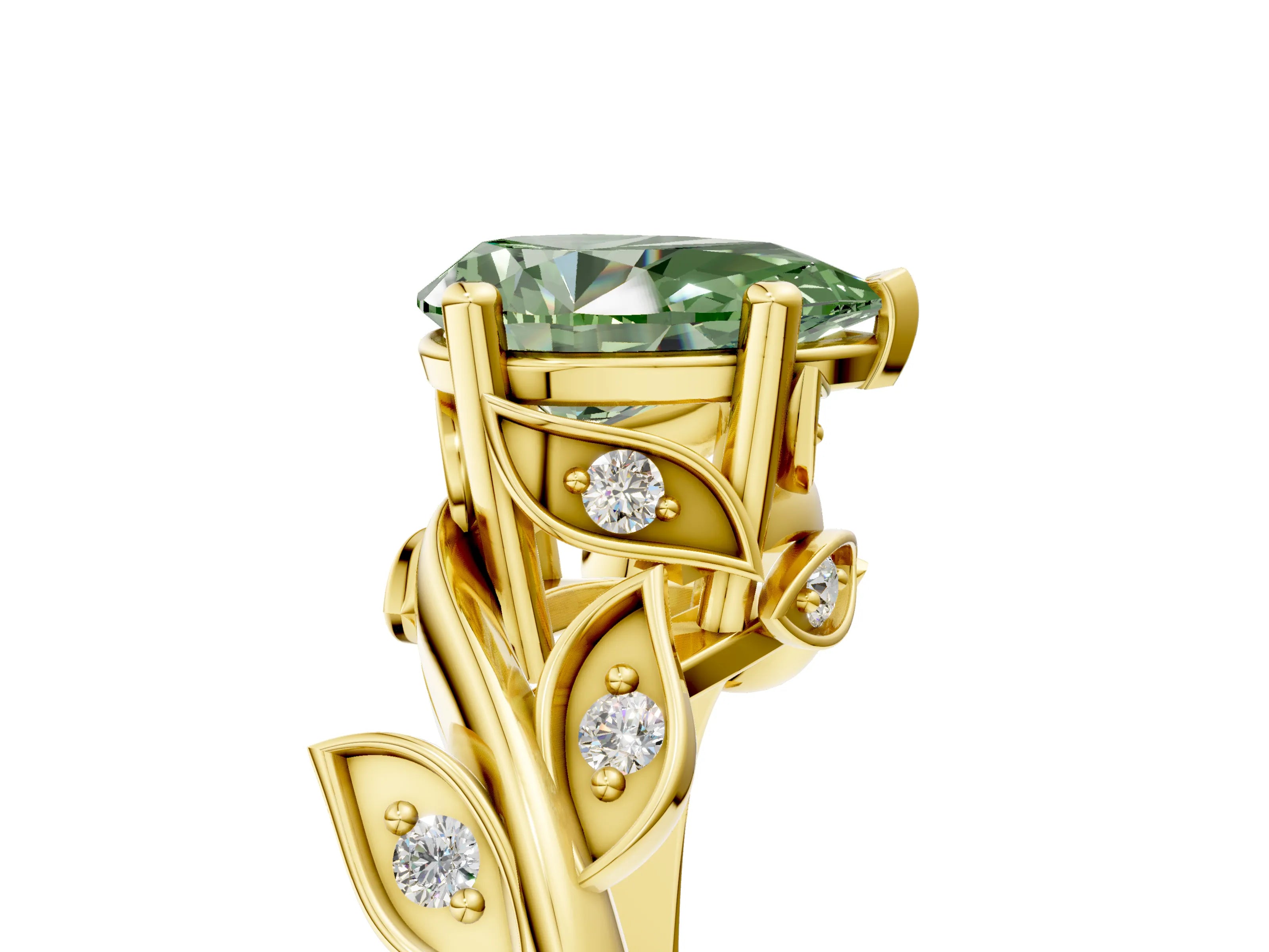 Yellow gold Fancy Green Pear Cut Solitaire Twist Engagement Ring with Leaf Accents and Prong Setting_17