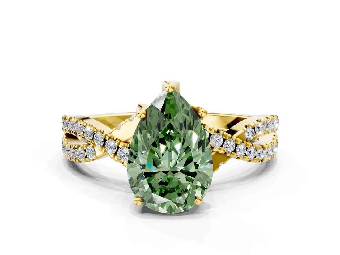 Yellow gold Fancy Green Pear Cut Solitaire Twist Pave Diamond Engagement Ring with Prong Setting