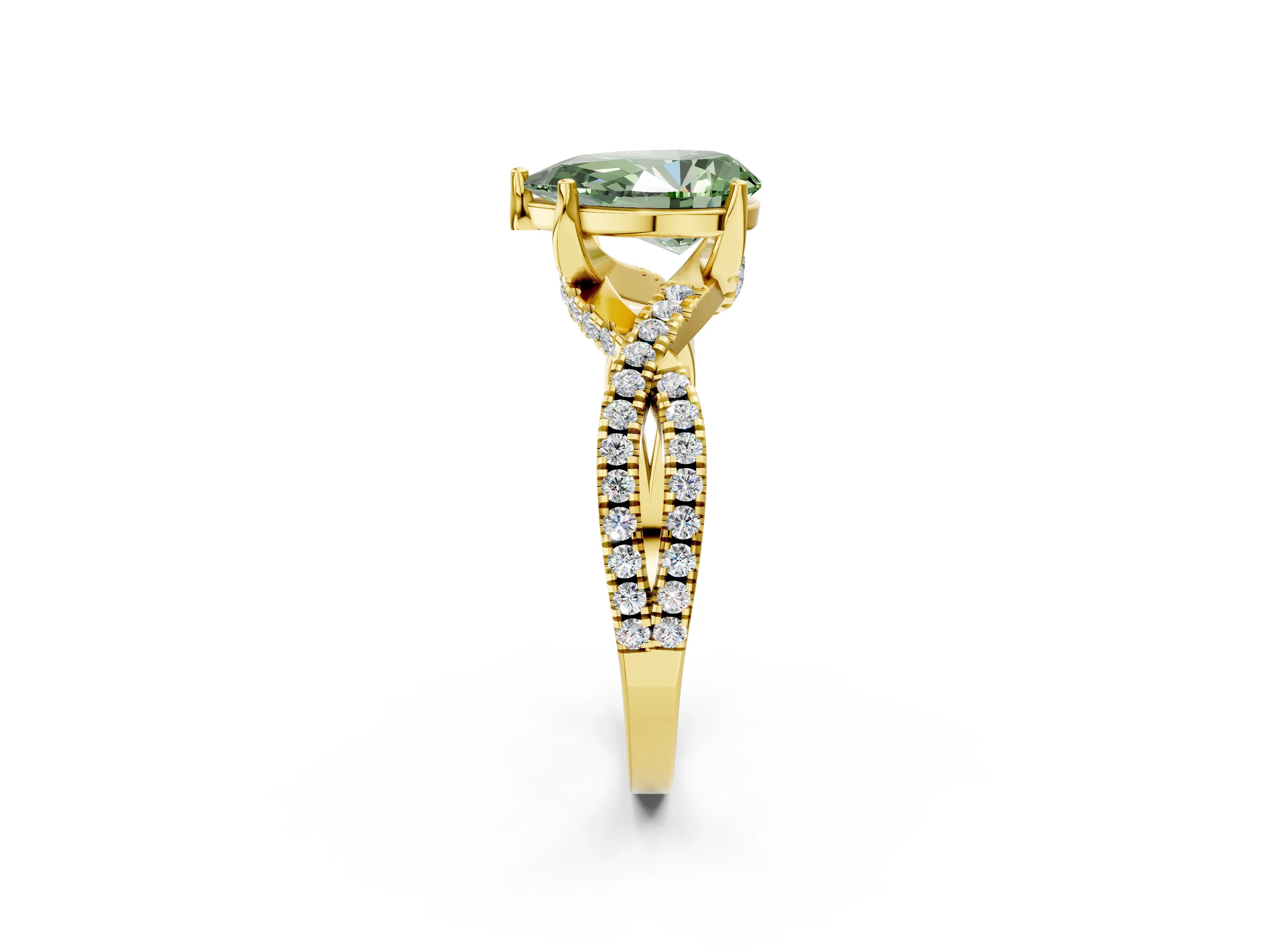 Yellow gold Fancy Green Pear Cut Solitaire Twist Pave Diamond Engagement Ring with Prong Setting_2