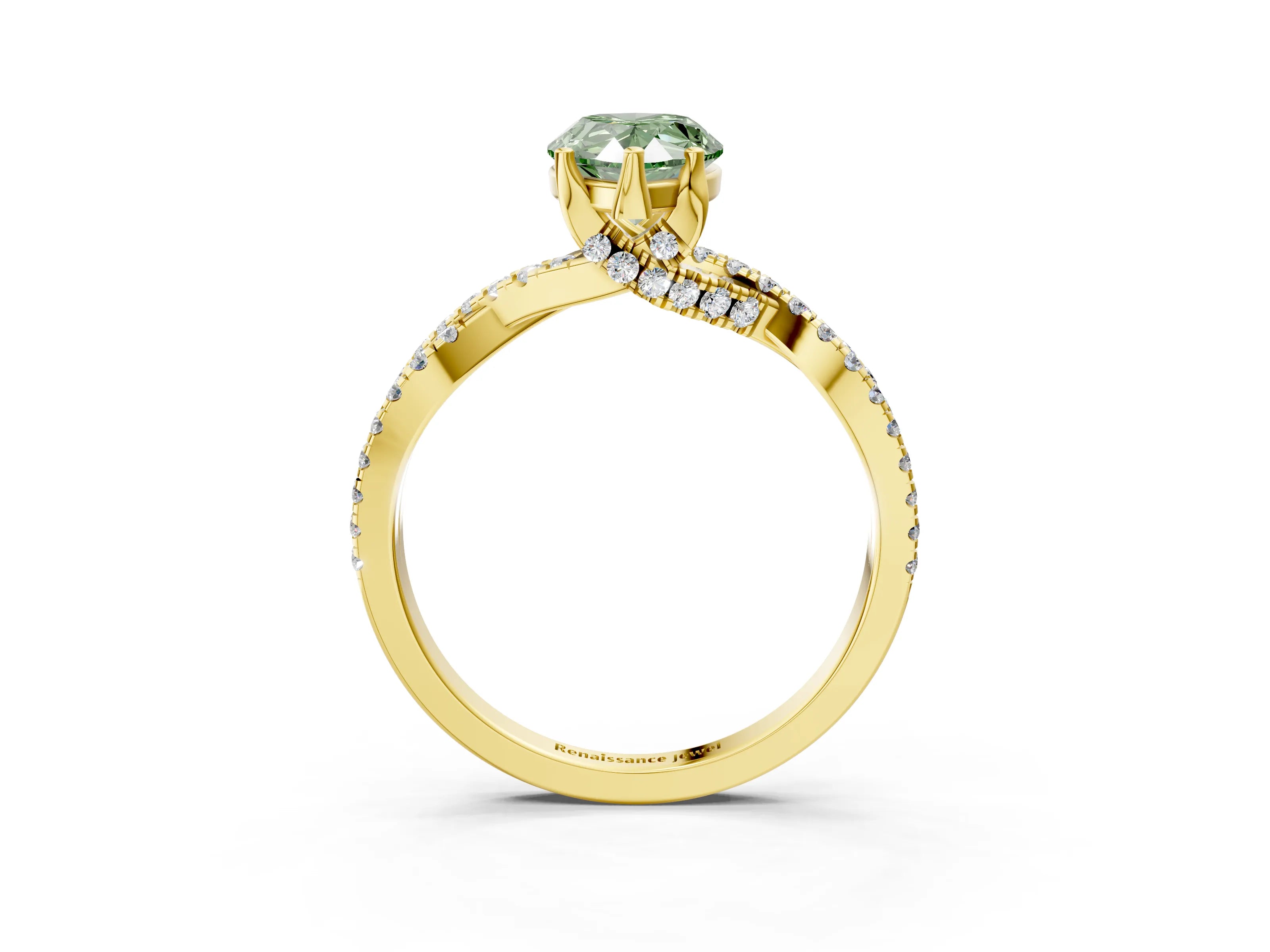 Yellow gold Fancy Green Pear Cut Solitaire Twist Pave Diamond Engagement Ring with Prong Setting_3