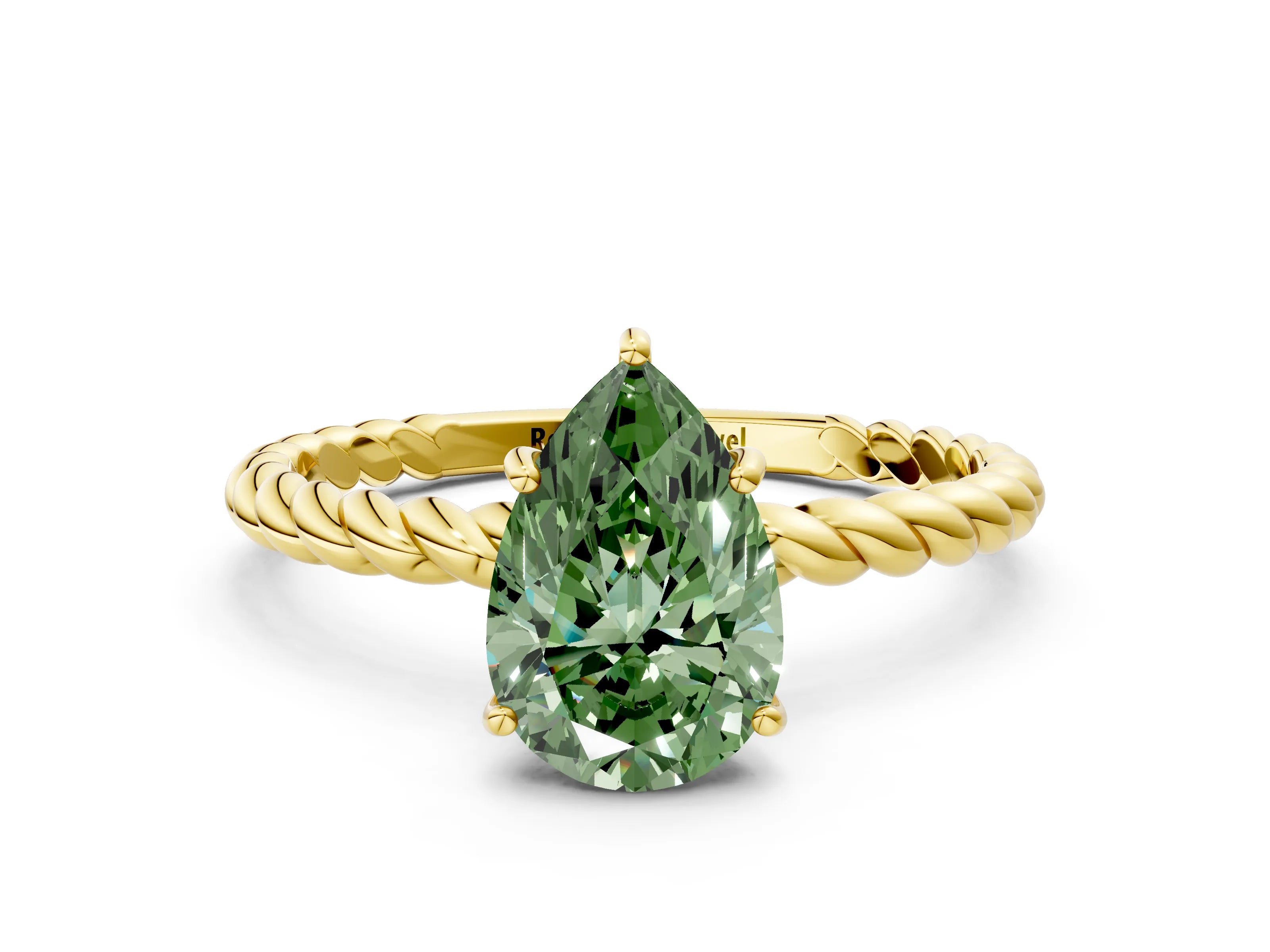 Yellow gold Fancy Green Pear Cut Solitaire Twisted Band 4-Prong Ring