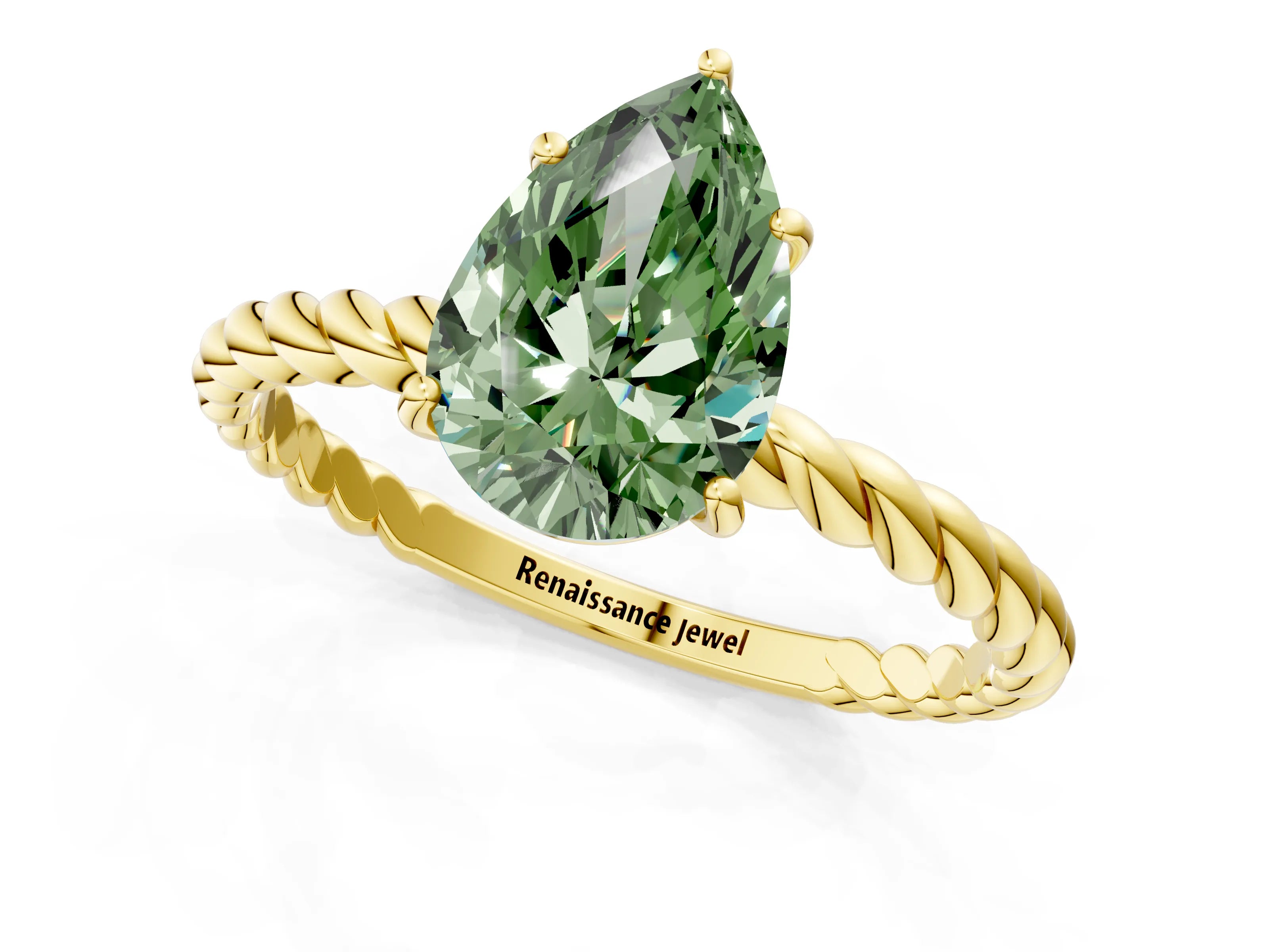 Yellow gold Fancy Green Pear Cut Solitaire Twisted Band 4-Prong Ring_1