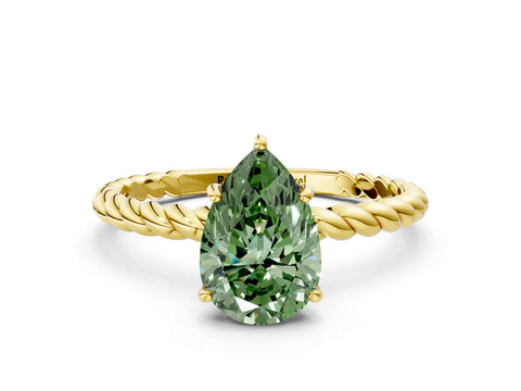 Yellow gold Fancy Green Pear Cut Solitaire Twisted Band 4-Prong Ring