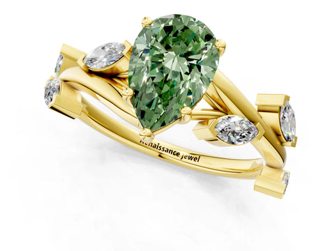 Yellow gold Fancy Green Pear Cut Solitaire Twisted Band Marquise Accent Prong Setting Ring_1