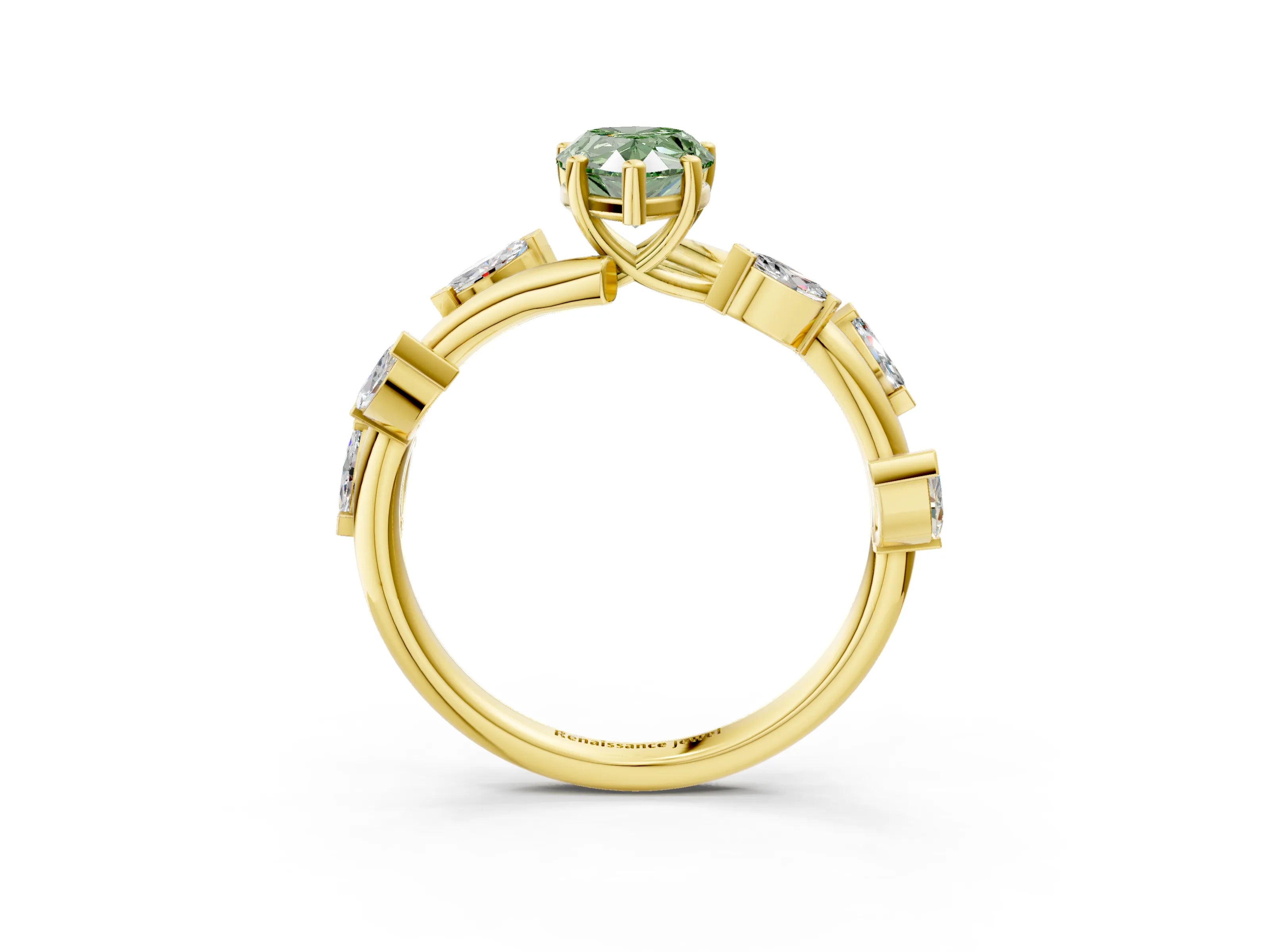 Yellow gold Fancy Green Pear Cut Solitaire Twisted Band Marquise Accent Prong Setting Ring_3