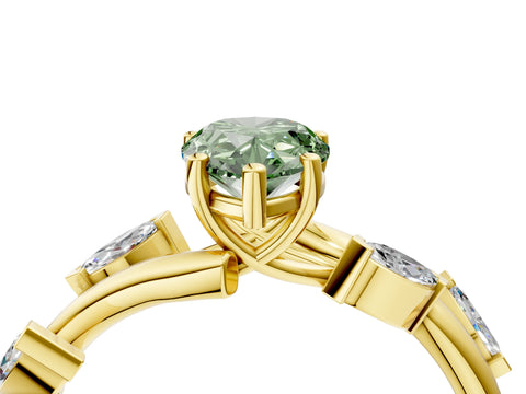 Yellow gold Fancy Green Pear Cut Solitaire Twisted Band Marquise Accent Prong Setting Ring_4