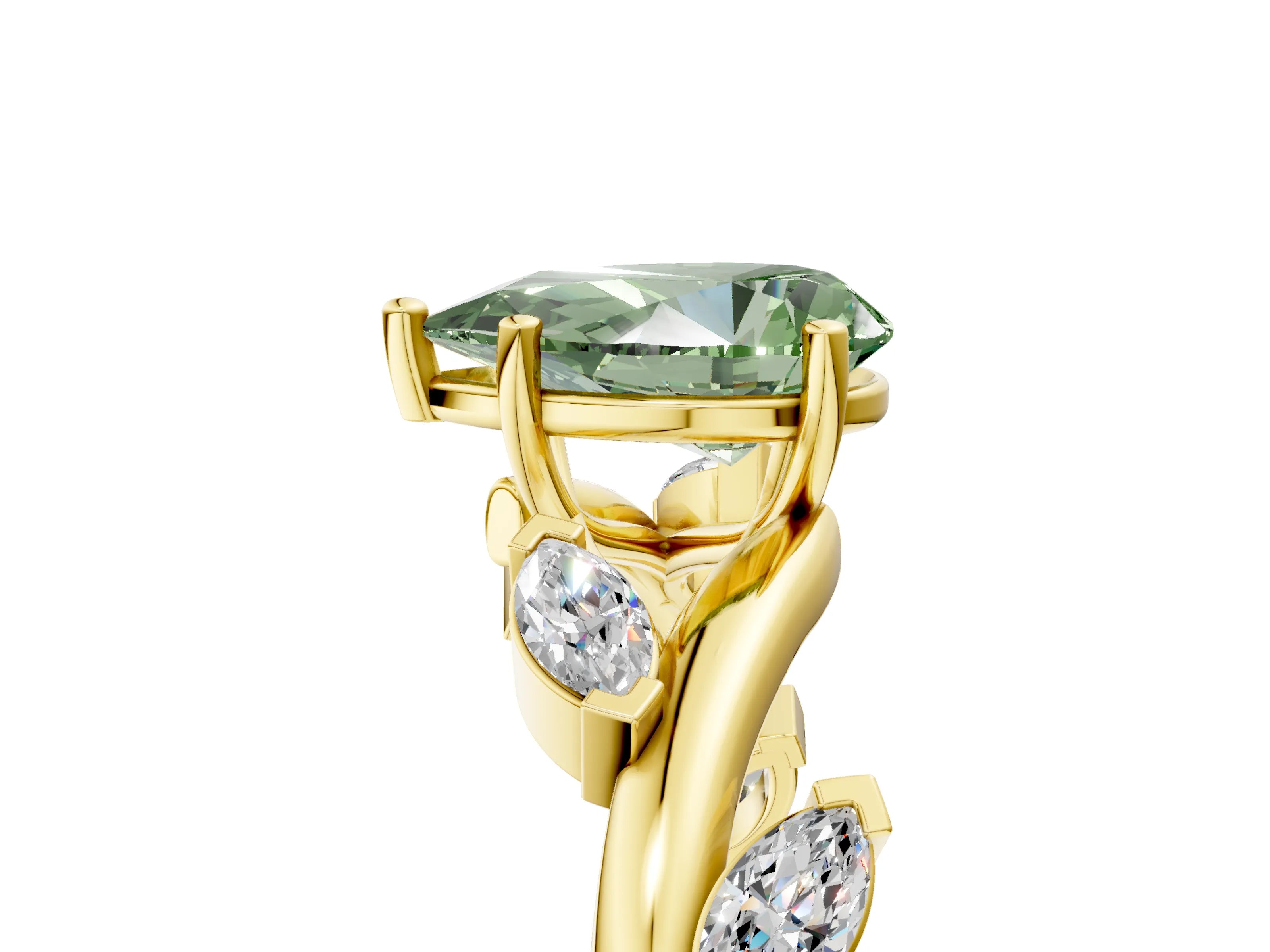 Yellow gold Fancy Green Pear Cut Solitaire Twisted Band Marquise Accent Prong Setting Ring_5