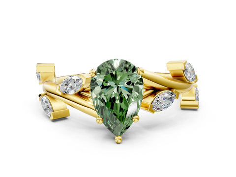 Yellow gold Fancy Green Pear Cut Solitaire Twisted Band Marquise Accent Prong Setting Ring