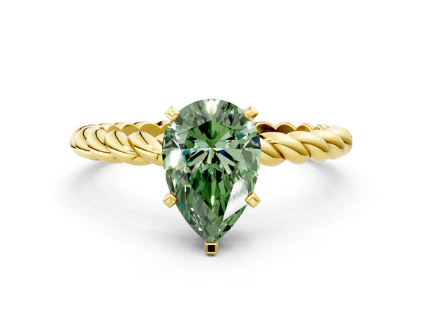 Yellow gold Fancy Green Pear  Cut Solitaire Twisted Band with Four-Prong Setting