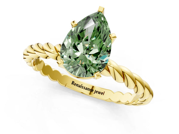 Yellow gold Fancy Green Pear  Cut Solitaire Twisted Band with Four-Prong Setting