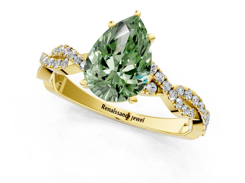 Yellow gold Fancy Green Pear Cut Solitaire Twisted Pave Band with Four-Prong Setting_4