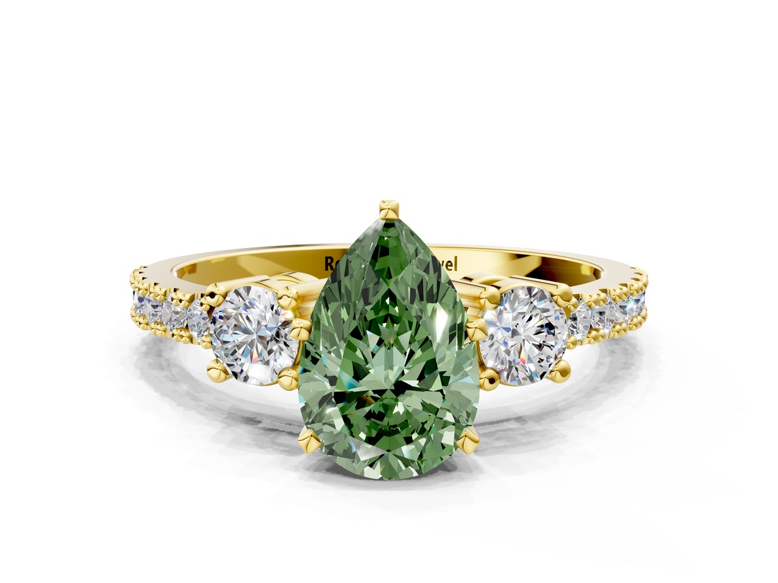 Yellow gold Fancy Green Pear  Cut Three-Stone Diamond Pavé Band with Prong Setting_17