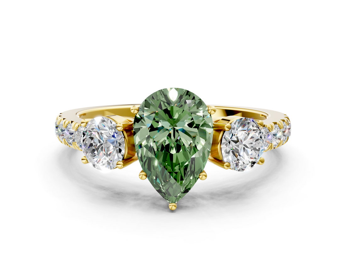 Yellow gold Fancy Green Pear  Cut Three-Stone Diamond Pave Band with Prong Setting_37