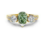 Yellow gold Fancy Green Pear Cut Three-Stone Diamond Ring with Pavé Band and Four-Prong Setting
