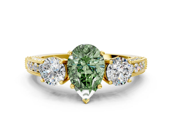 Yellow gold Fancy Green Pear Cut Three-Stone Diamond Ring with Pavé Band and Four-Prong Setting