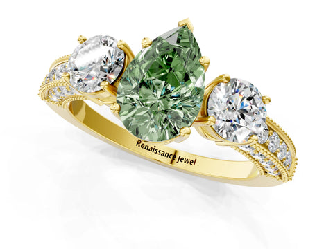 Yellow gold Fancy Green Pear Cut Three-Stone Diamond Ring with Pavé Band and Four-Prong Setting_1