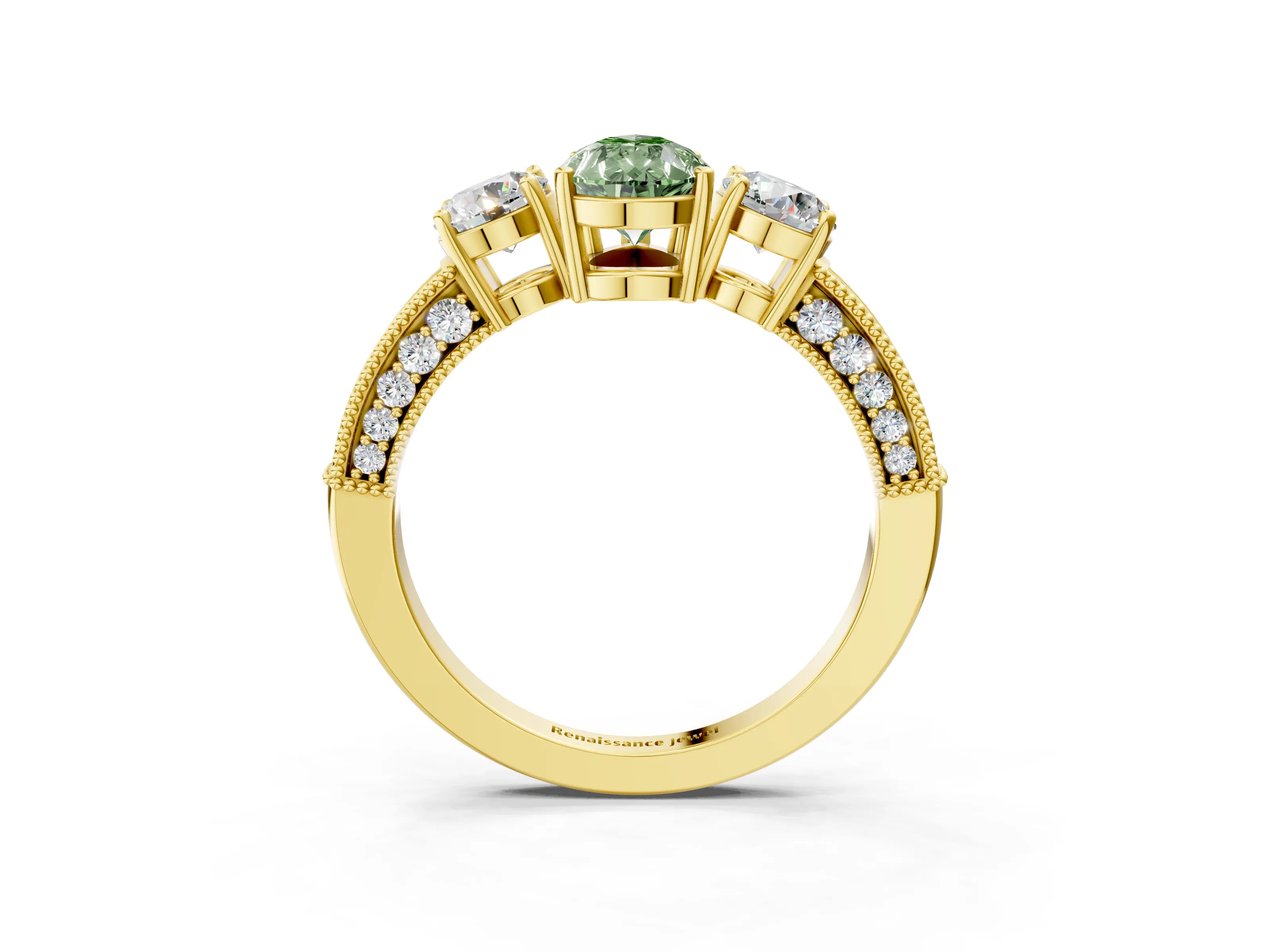 Yellow gold Fancy Green Pear Cut Three-Stone Diamond Ring with Pavé Band and Four-Prong Setting_3