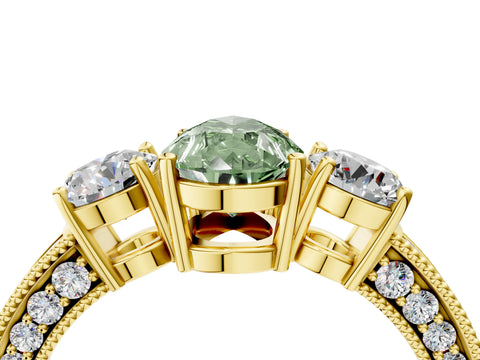 Yellow gold Fancy Green Pear Cut Three-Stone Diamond Ring with Pavé Band and Four-Prong Setting_4