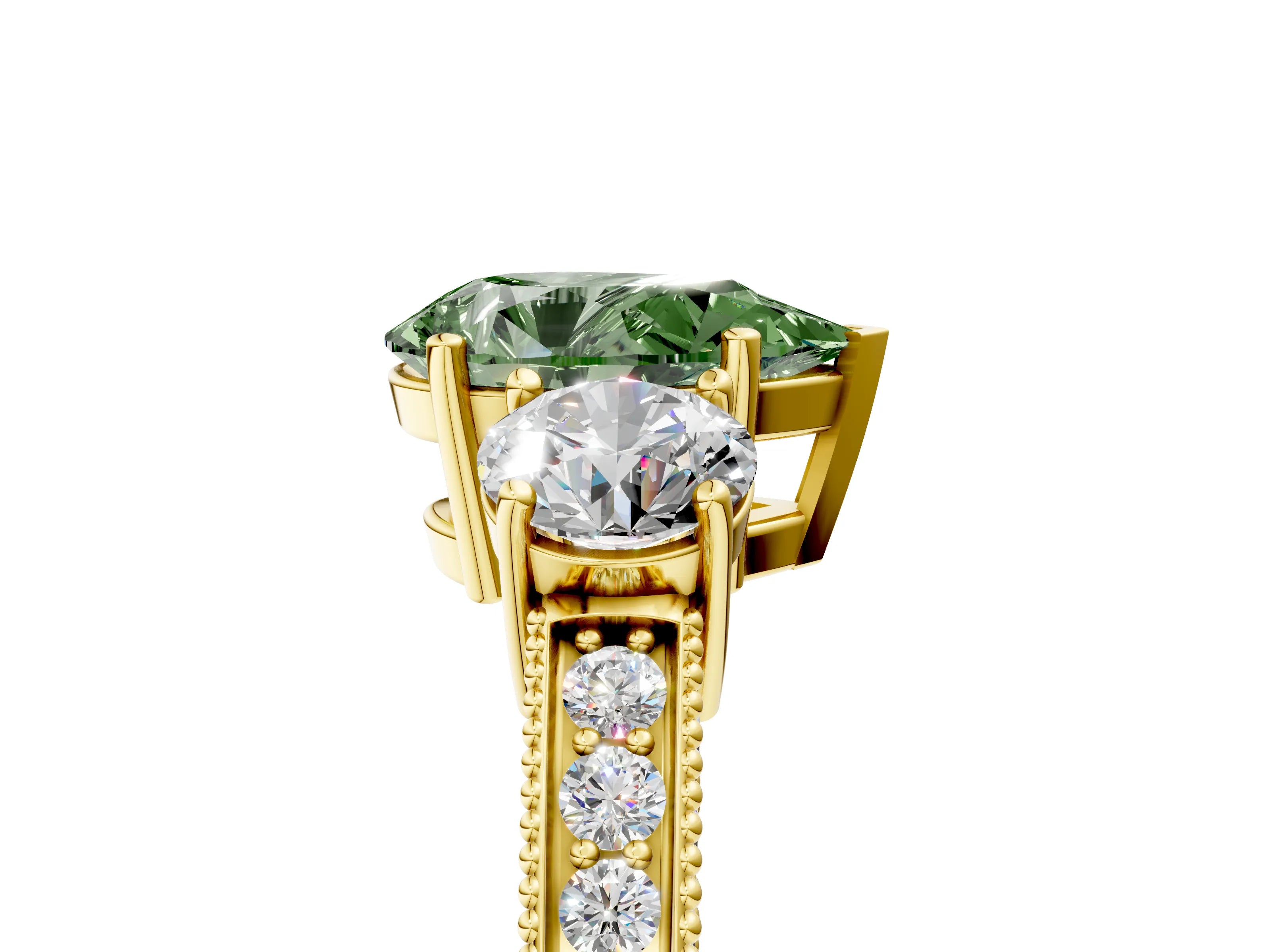 Yellow gold Fancy Green Pear Cut Three-Stone Diamond Ring with Pavé Band and Four-Prong Setting_5
