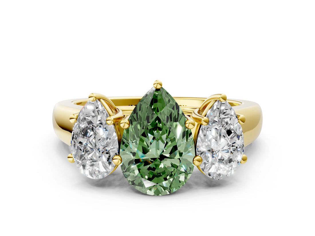 Yellow gold Fancy Green Pear Cut Three-Stone Diamond Ring with Prong Setting on a Classic Band_12