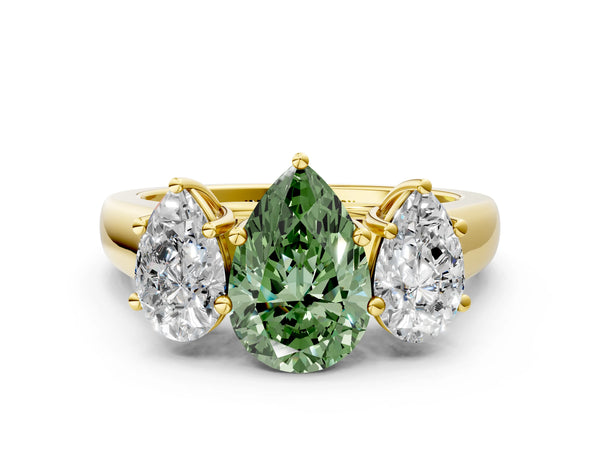 Yellow gold Fancy Green Pear Cut Three-Stone Diamond Ring with Prong Setting on a Classic Band