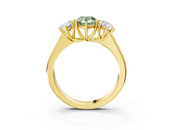 Yellow gold Fancy Green Pear Cut Three-Stone Diamond Ring with Prong Setting on a Classic Band