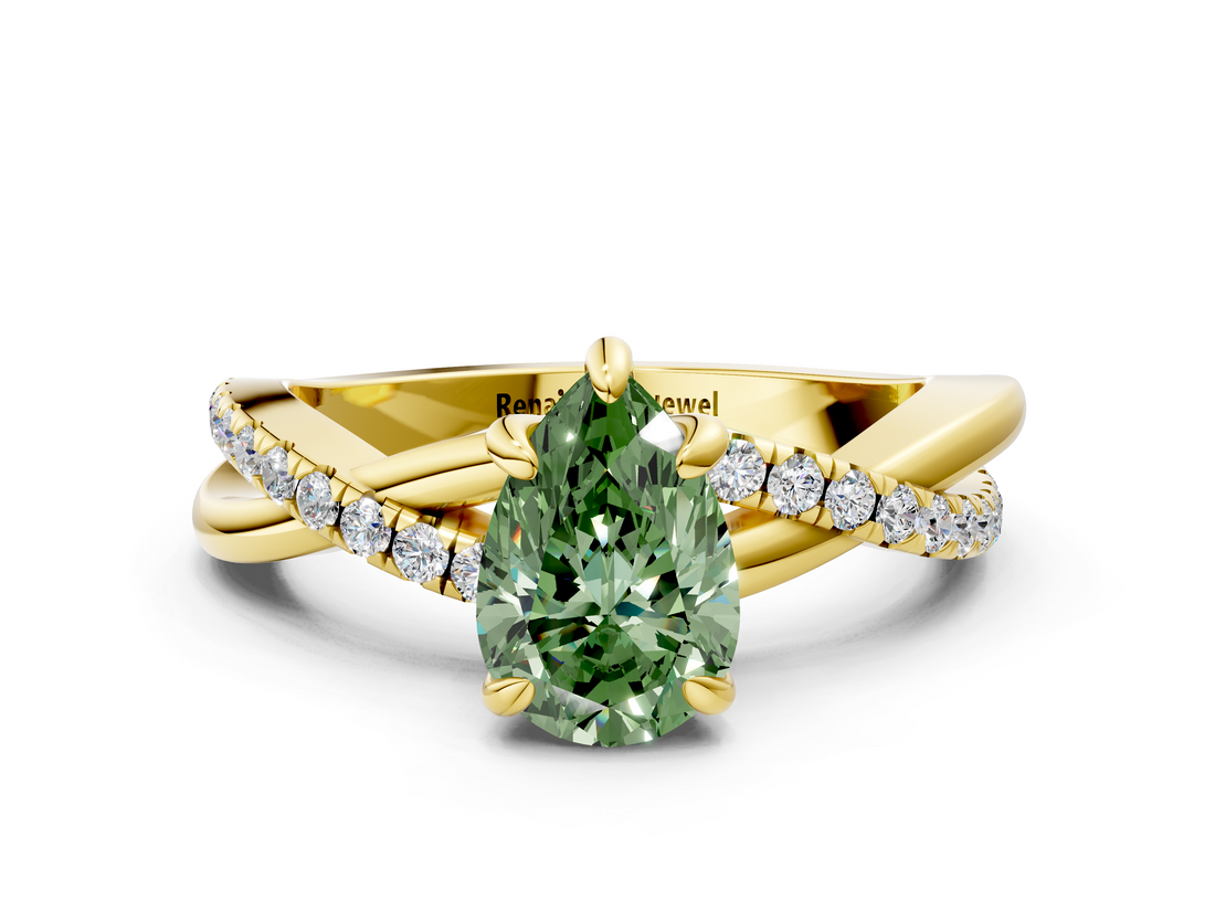 Yellow gold Fancy Green Pear  Cut Twist Band Solitaire Diamond Ring with Pavé Setting_3