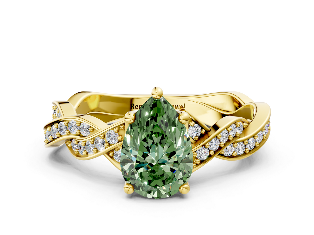 Yellow gold Fancy Green Pear  Cut Twisted Pavé Band Solitaire Ring with Four-Prong Setting_70