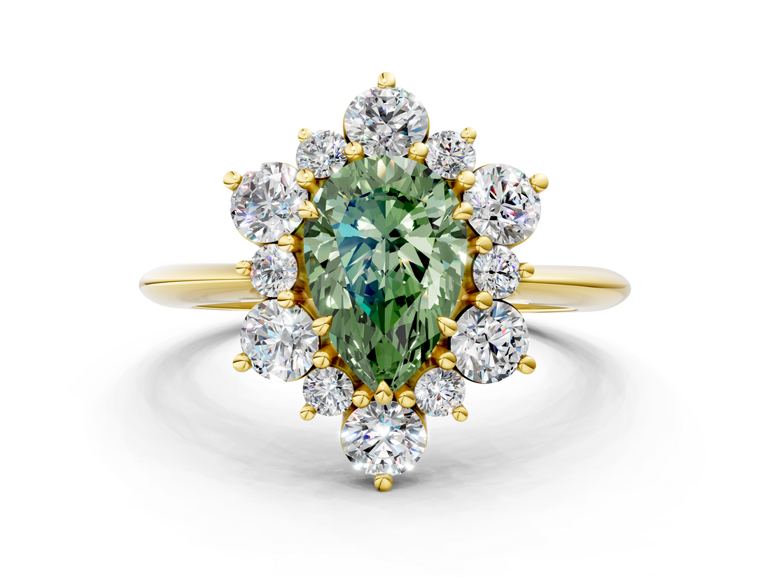 Yellow gold Fancy Green Pear  Diamond Cluster Halo Ring with Solitaire Band and Four-Prong Setting_20