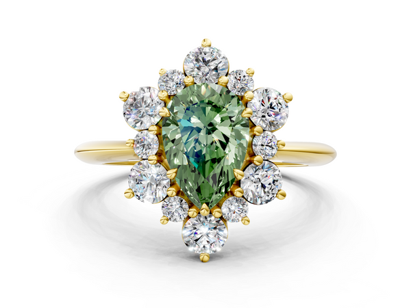 Yellow gold Fancy Green Pear  Diamond Cluster Halo Ring with Solitaire Band and Four-Prong Setting