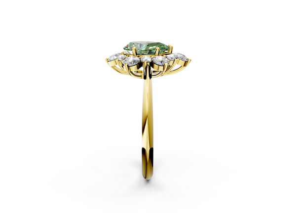 Yellow gold Fancy Green Pear  Diamond Cluster Halo Ring with Solitaire Band and Four-Prong Setting