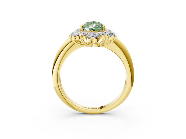 Yellow gold Fancy Green Pear  Diamond Cluster Halo Ring with Solitaire Band and Four-Prong Setting