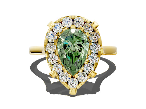 Yellow gold Fancy Green Pear  Diamond Cluster Halo Solitaire with Four-Prong Setting
