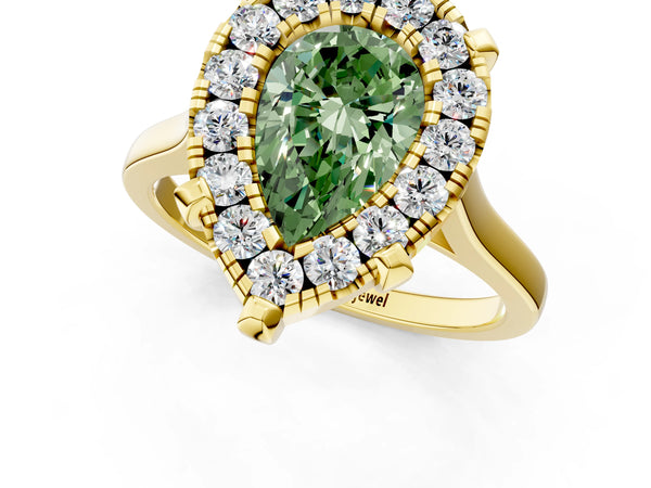 Yellow gold Fancy Green Pear  Diamond Cluster Halo Solitaire with Four-Prong Setting