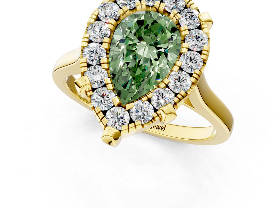 Yellow gold Fancy Green Pear  Diamond Cluster Halo Solitaire with Four-Prong Setting